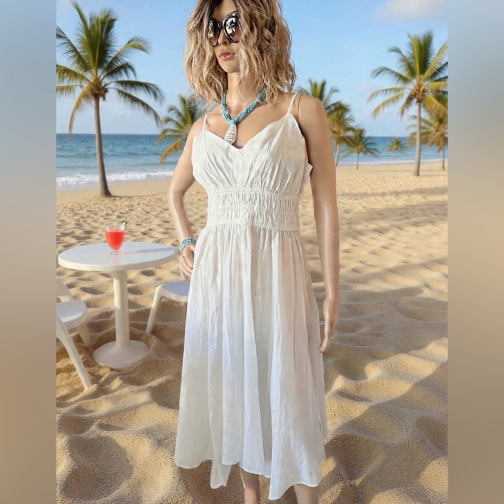 NWOT Dizzy Lizzy White Midi Summer Dress Spaghetti Straps 100% Cotton Sz Large